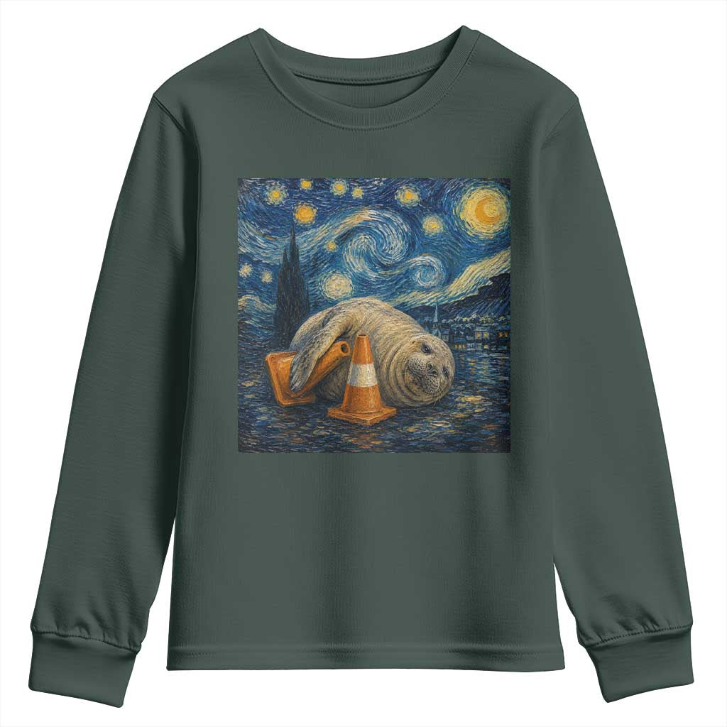Funny Neil The Seal Starry Night Youth Sweatshirt Van Gogh Art for Tasmania Seal Lovers TS11 Dark Forest Green Print Your Wear