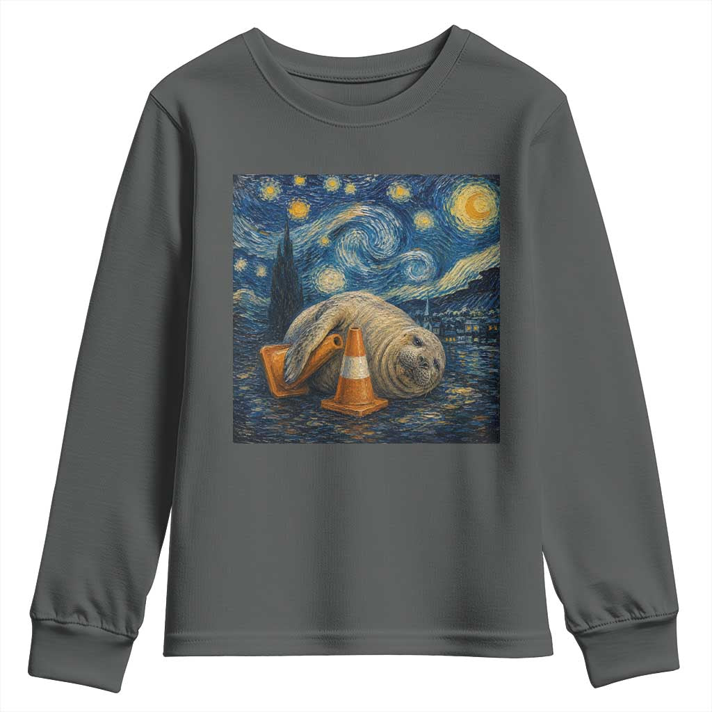 Funny Neil The Seal Starry Night Youth Sweatshirt Van Gogh Art for Tasmania Seal Lovers TS11 Dark Heather Print Your Wear