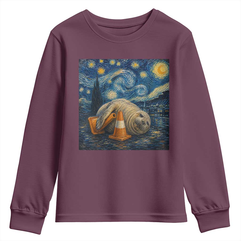 Funny Neil The Seal Starry Night Youth Sweatshirt Van Gogh Art for Tasmania Seal Lovers TS11 Maroon Print Your Wear