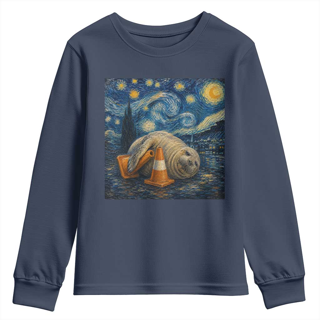 Funny Neil The Seal Starry Night Youth Sweatshirt Van Gogh Art for Tasmania Seal Lovers TS11 Navy Print Your Wear