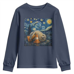Funny Neil The Seal Starry Night Youth Sweatshirt Van Gogh Art for Tasmania Seal Lovers TS11 Navy Print Your Wear