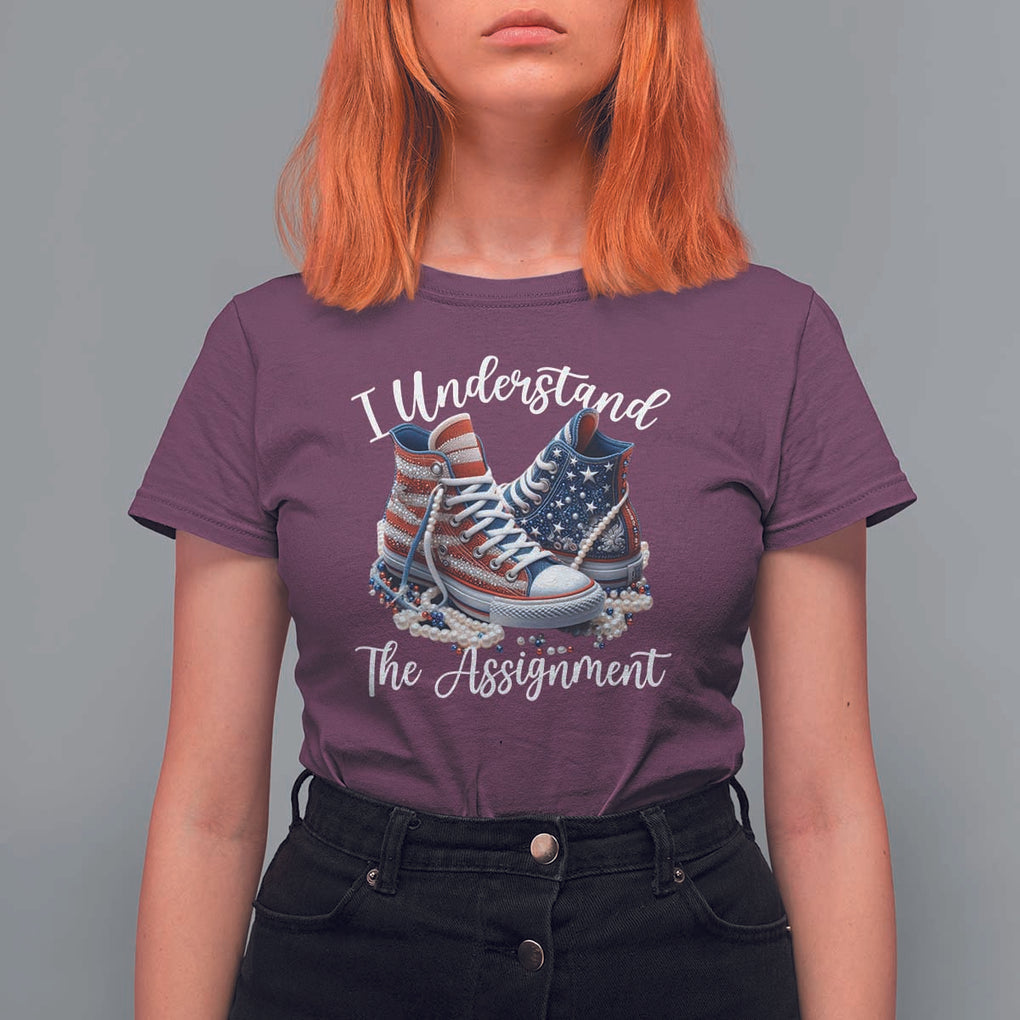 Harris Supporter 2024 T Shirt For Women I Understand The Assignment USA Chucks Pearls TS11 Maroon Print Your Wear