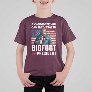 Funny Bigfoot For President T Shirt For Kid A Candidate You Can Believe In 2024 Sasquatch USA Flag TS11 Maroon Print Your Wear