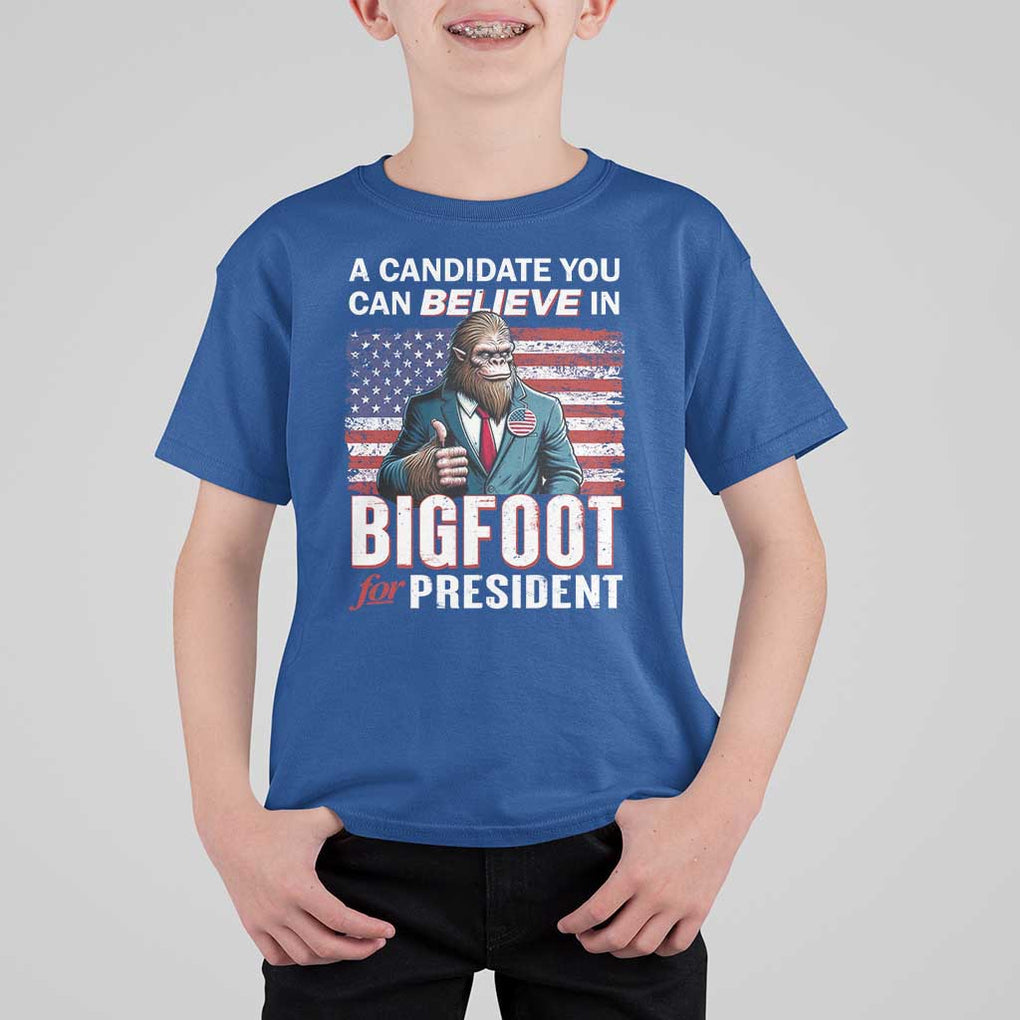 Funny Bigfoot For President T Shirt For Kid A Candidate You Can Believe In 2024 Sasquatch USA Flag TS11 Royal Blue Print Your Wear