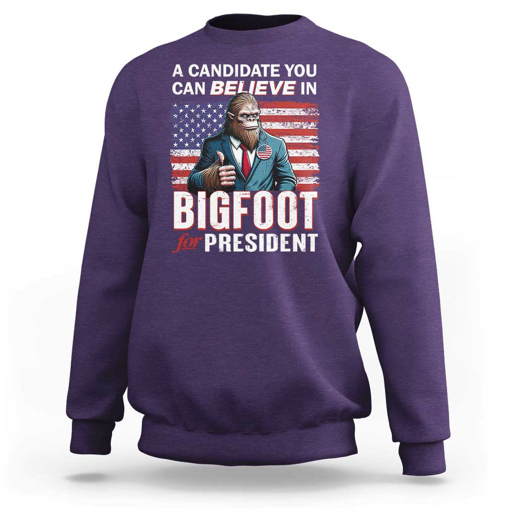 Funny Bigfoot For President Sweatshirt A Candidate You Can Believe In 2024 Sasquatch USA Flag TS11 Purple Print Your Wear