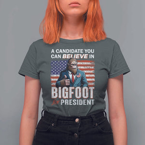 Funny Bigfoot For President T Shirt For Women A Candidate You Can Believe In 2024 Sasquatch USA Flag TS11 Dark Heather Print Your Wear