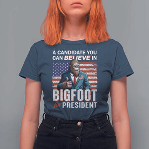 Funny Bigfoot For President T Shirt For Women A Candidate You Can Believe In 2024 Sasquatch USA Flag TS11 Navy Print Your Wear