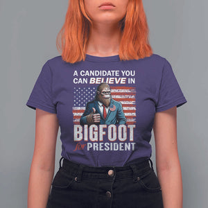 Funny Bigfoot For President T Shirt For Women A Candidate You Can Believe In 2024 Sasquatch USA Flag TS11 Purple Print Your Wear