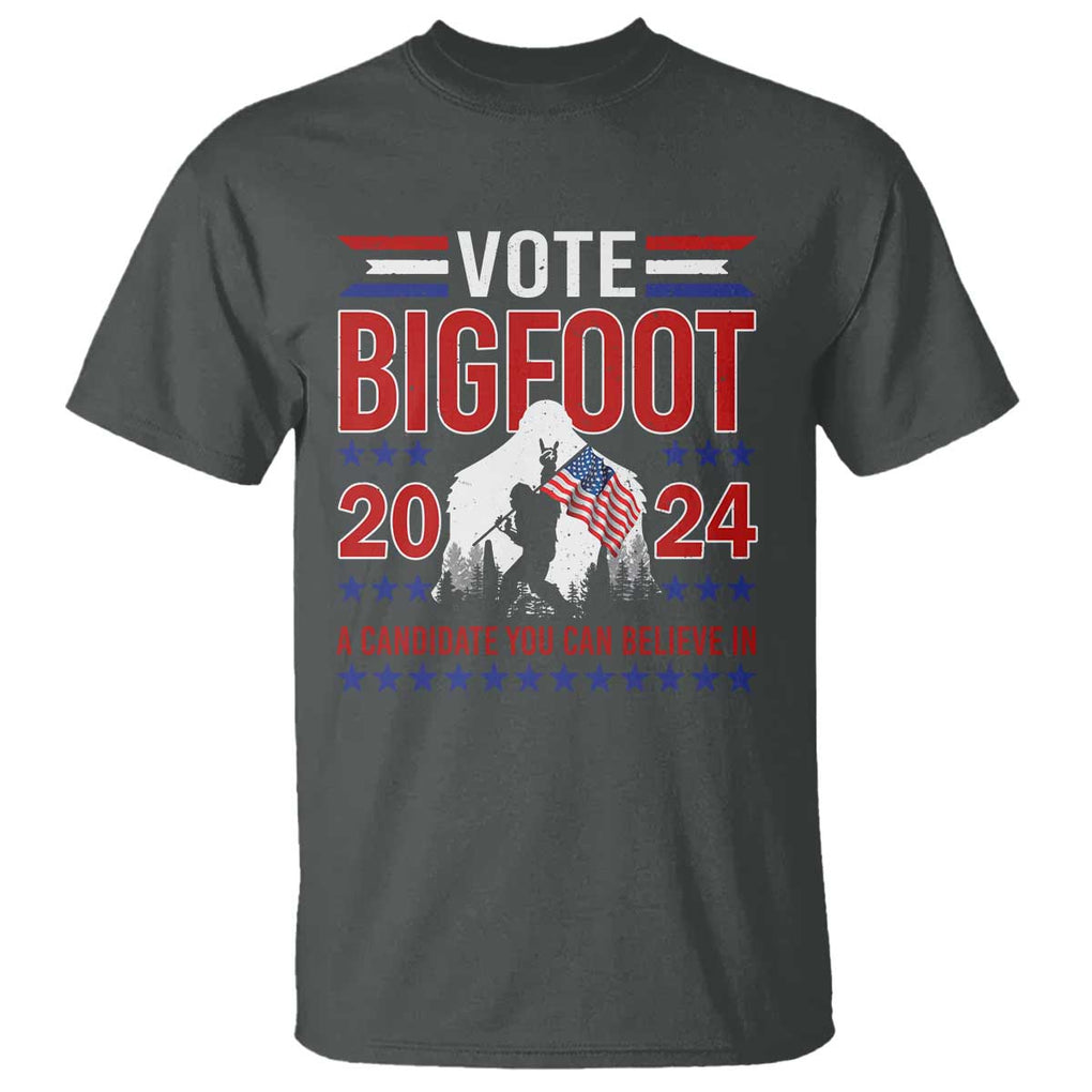 Funny Presidential Election Bigfoot T Shirt Vote Bigfoot A Candidate You Can Believe In 2024 TS11 Dark Heather Print Your Wear