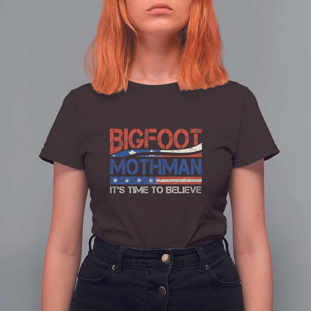 Funny Bigfoot Mothman T Shirt For Women It's Time To Believe American Flag President Election TS11 Dark Chocolate Print Your Wear