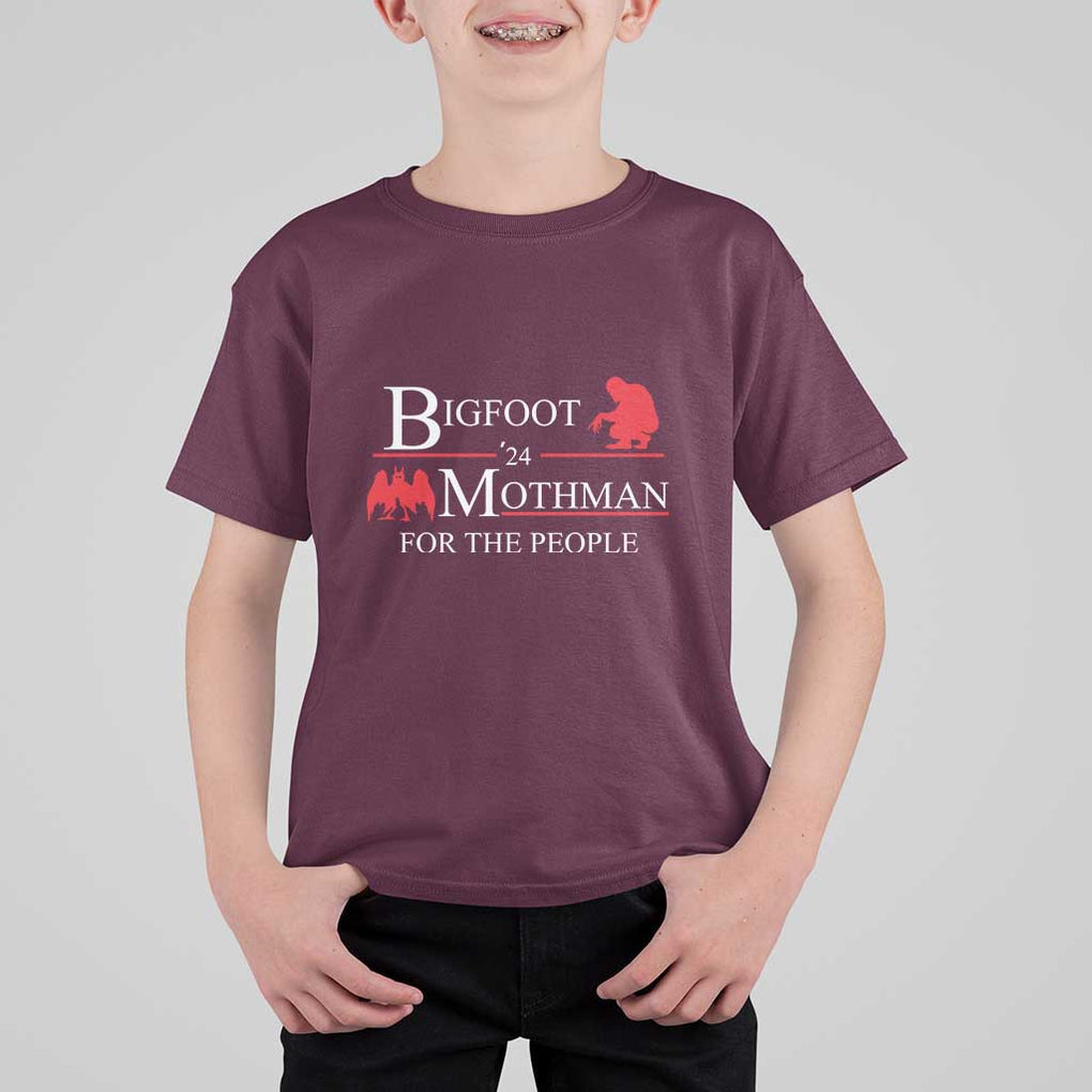 Funny Bigfoot Mothman'24 For The People T Shirt For Kid American Flag President Election TS11 Maroon Print Your Wear