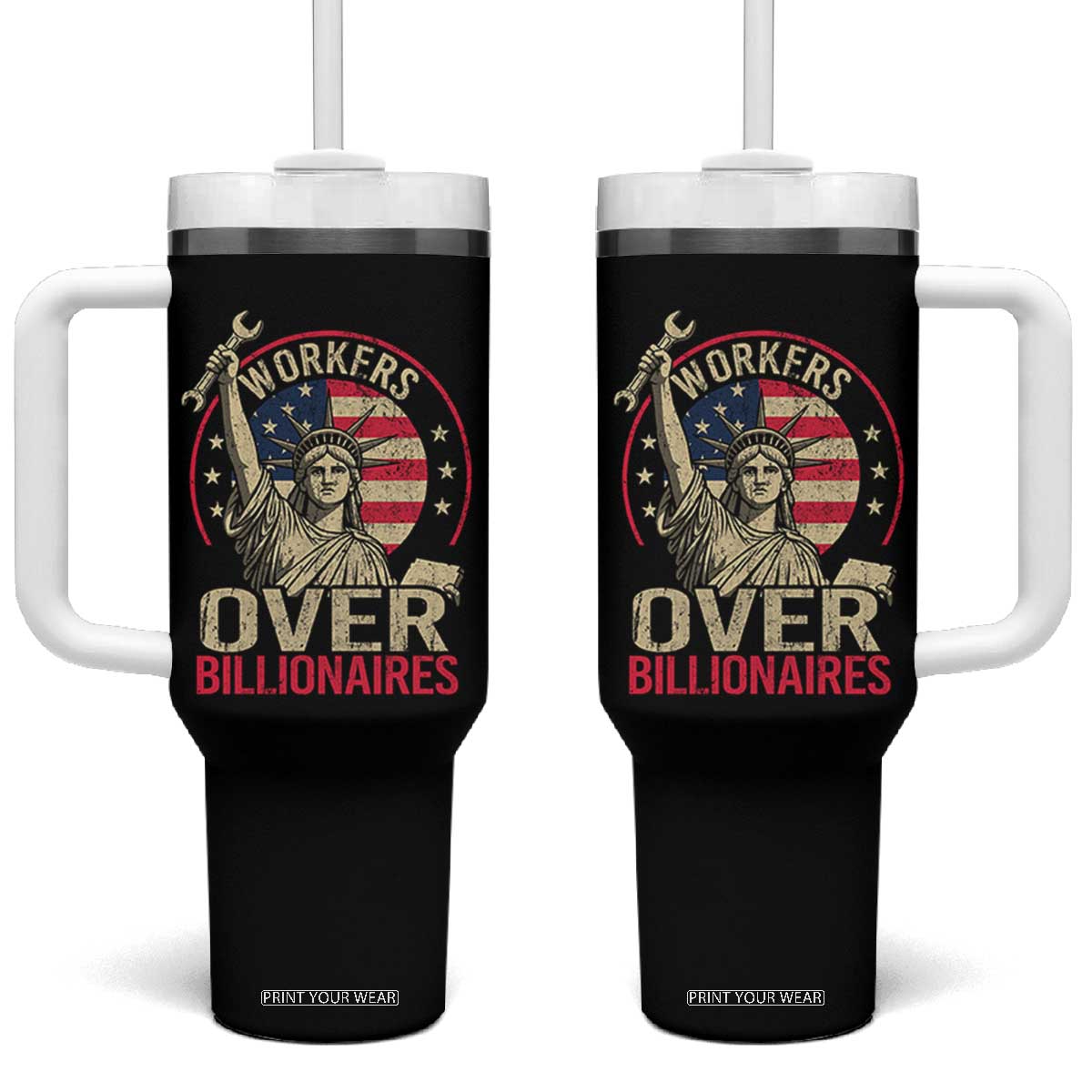 Workers Over Billionaires Tumbler With Handle Social Justice Statue Of Liberty TS11 One Size: 40 oz Black Print Your Wear