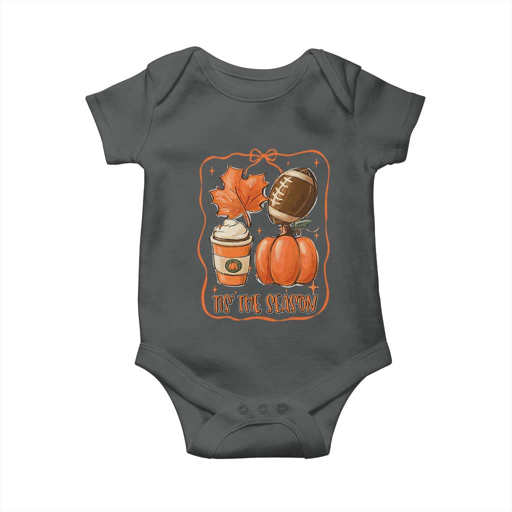 Tis The Season Fall Thanksgiving Baby Onesie Retro Coquette Bow American Football Pumpkin TS11 Dark Heather Print Your Wear