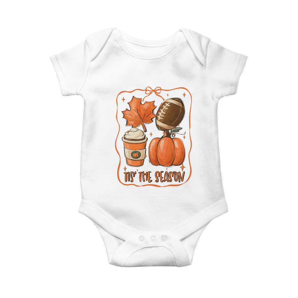 Tis The Season Fall Thanksgiving Baby Onesie Retro Coquette Bow American Football Pumpkin TS11 White Print Your Wear