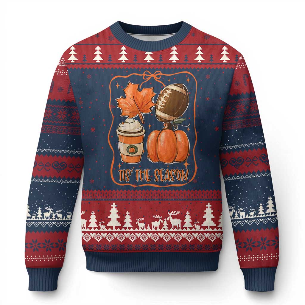 Tis The Season Fall Thanksgiving Ugly Christmas Sweater Retro Coquette Bow American Football Pumpkin TS11 Navy Red Print Your Wear