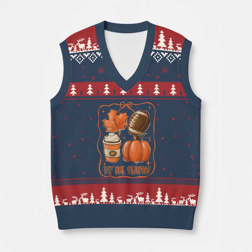 Tis The Season Fall Thanksgiving V-Neck Knit Sweater Vest Retro Coquette Bow American Football Pumpkin TS11 Navy Red Print Your Wear