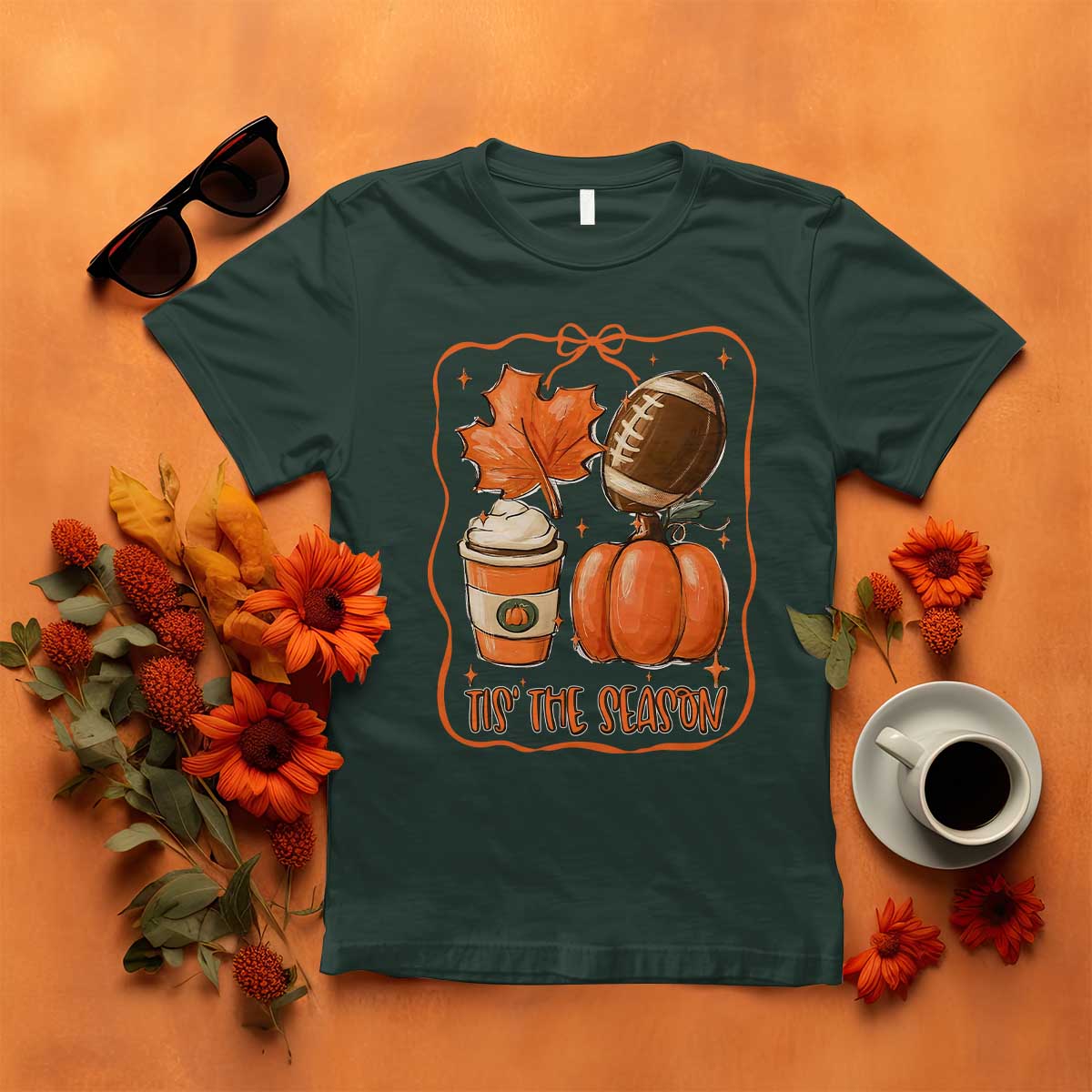 Tis The Season Fall Thanksgiving T Shirt Retro Coquette Bow American Football Pumpkin TS11 Dark Forest Green Print Your Wear