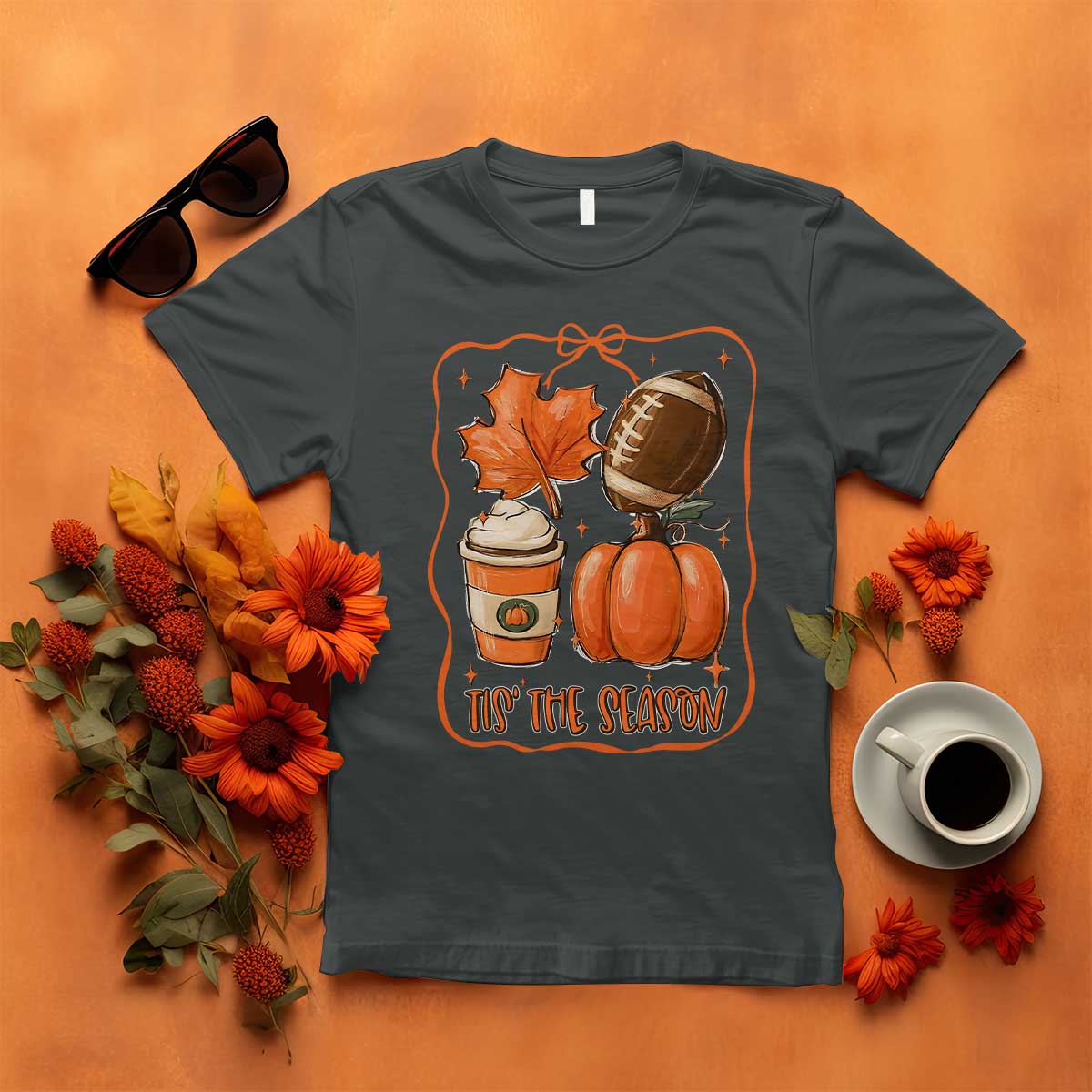 Tis The Season Fall Thanksgiving T Shirt Retro Coquette Bow American Football Pumpkin TS11 Dark Heather Print Your Wear