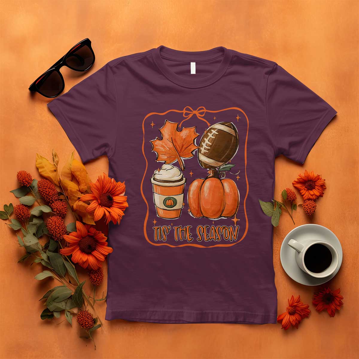 Tis The Season Fall Thanksgiving T Shirt Retro Coquette Bow American Football Pumpkin TS11 Maroon Print Your Wear