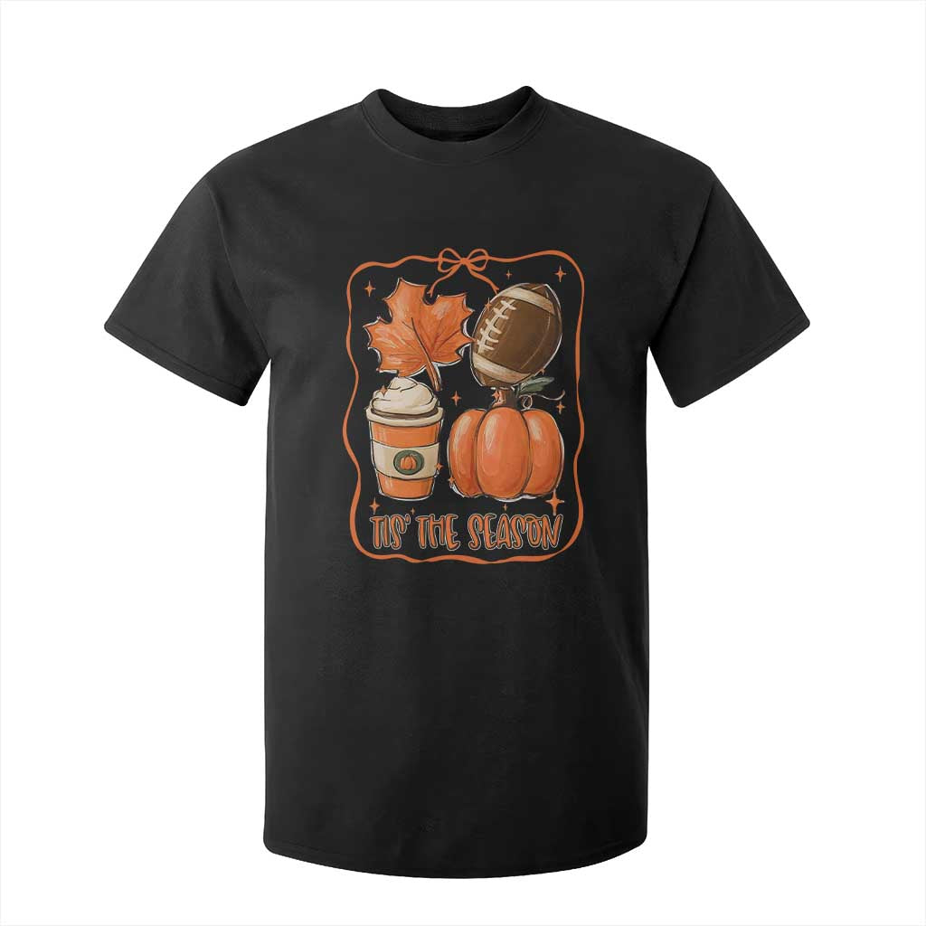 Tis The Season Fall Thanksgiving T Shirt For Kid Retro Coquette Bow American Football Pumpkin TS11 Black Print Your Wear