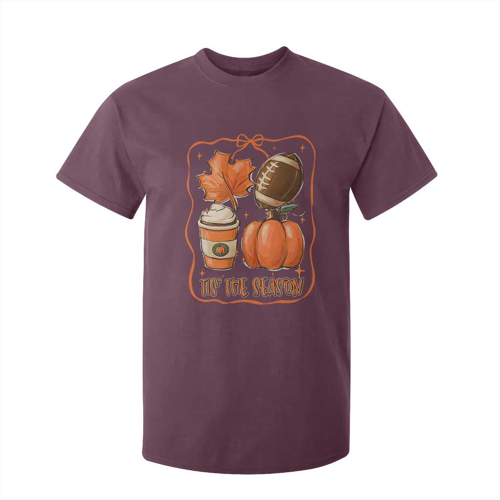 Tis The Season Fall Thanksgiving T Shirt For Kid Retro Coquette Bow American Football Pumpkin TS11 Maroon Print Your Wear