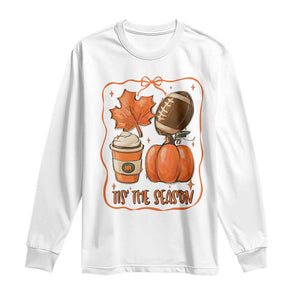 Tis The Season Fall Thanksgiving Long Sleeve Shirt Retro Coquette Bow American Football Pumpkin TS11 White Print Your Wear