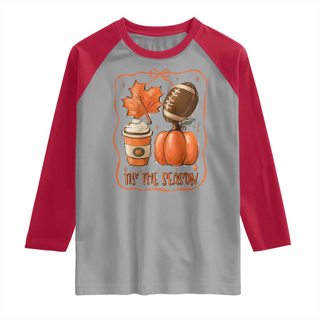 Tis The Season Fall Thanksgiving Raglan Shirt Retro Coquette Bow American Football Pumpkin TS11 Sport Gray Red Print Your Wear