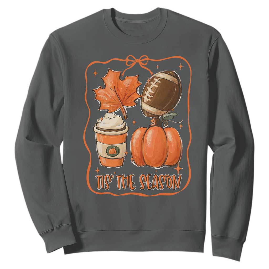 Tis The Season Fall Thanksgiving Sweatshirt Retro Coquette Bow American Football Pumpkin TS11 Dark Heather Print Your Wear