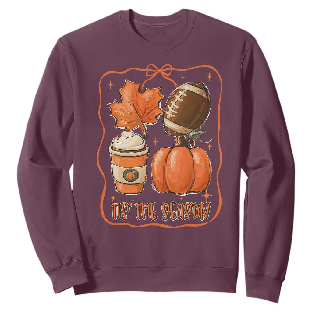 Tis The Season Fall Thanksgiving Sweatshirt Retro Coquette Bow American Football Pumpkin TS11 Maroon Print Your Wear