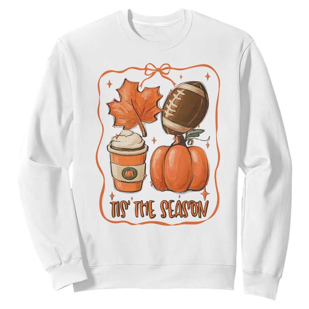 Tis The Season Fall Thanksgiving Sweatshirt Retro Coquette Bow American Football Pumpkin TS11 White Print Your Wear
