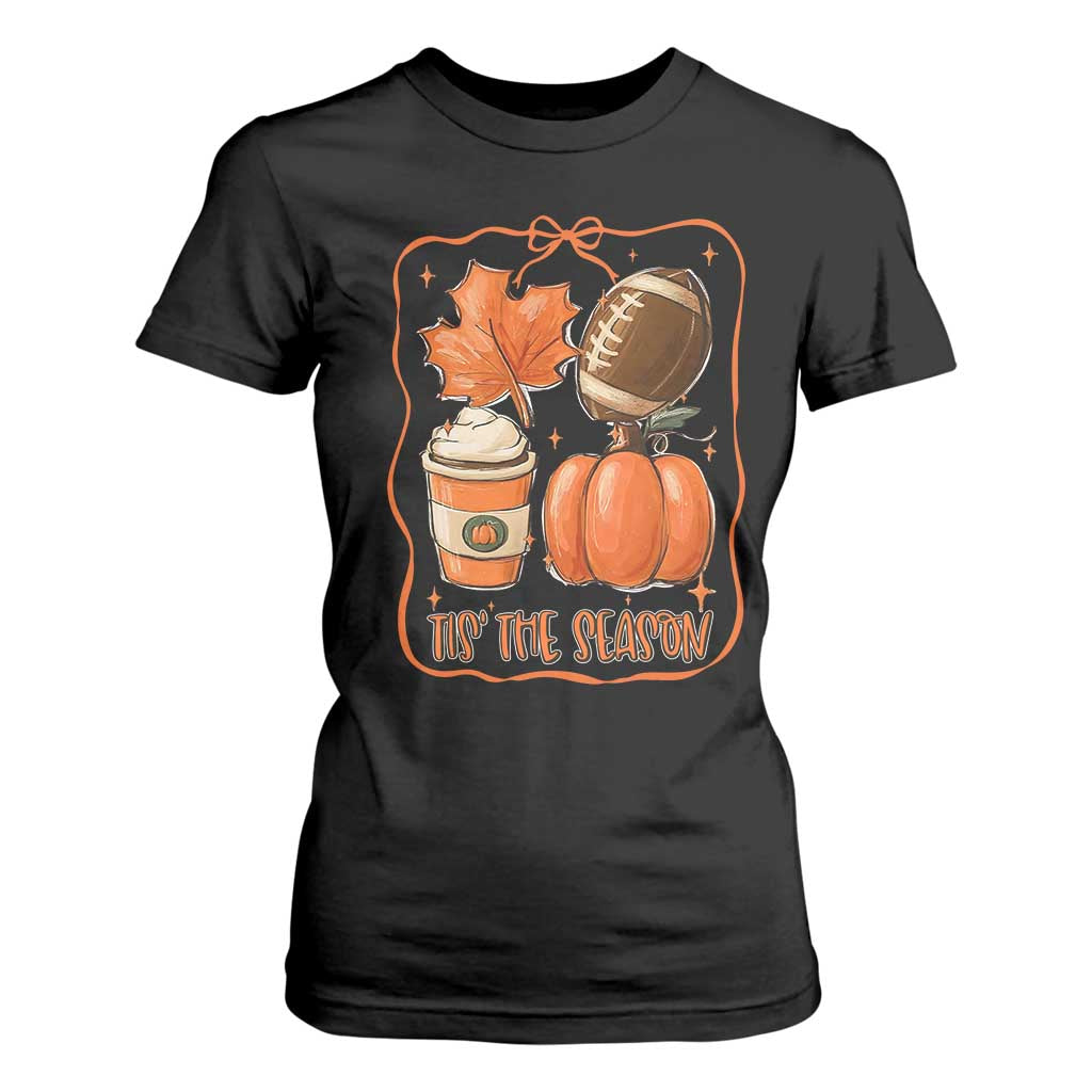 Tis The Season Fall Thanksgiving T Shirt For Women Retro Coquette Bow American Football Pumpkin TS11 Black Print Your Wear