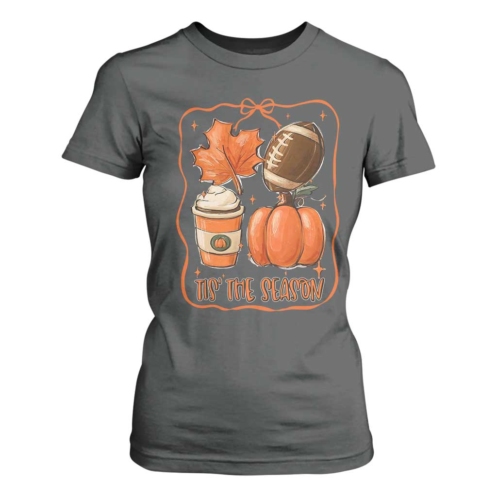 Tis The Season Fall Thanksgiving T Shirt For Women Retro Coquette Bow American Football Pumpkin TS11 Dark Heather Print Your Wear