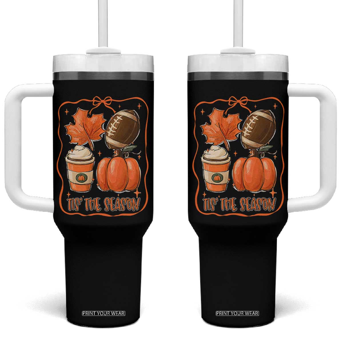 Tis The Season Fall Thanksgiving Tumbler With Handle Retro Coquette Bow American Football Pumpkin TS11 One Size: 40 oz Black Print Your Wear