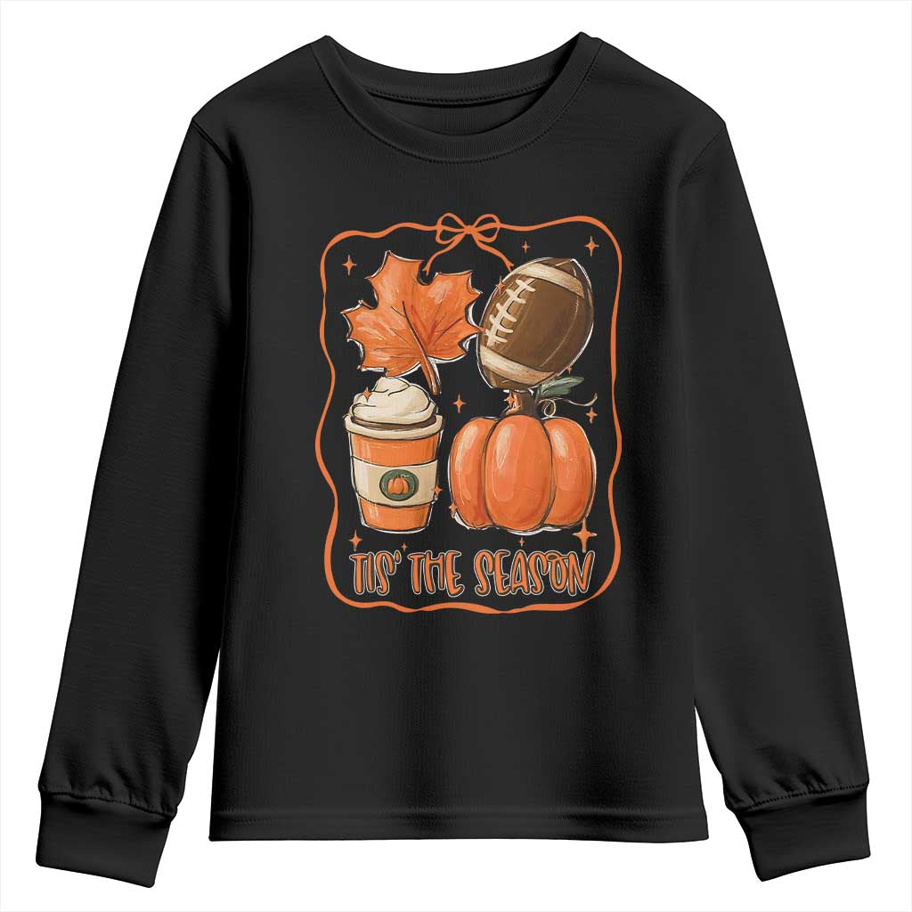 Tis The Season Fall Thanksgiving Youth Sweatshirt Retro Coquette Bow American Football Pumpkin TS11 Black Print Your Wear