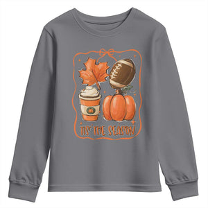 Tis The Season Fall Thanksgiving Youth Sweatshirt Retro Coquette Bow American Football Pumpkin TS11 Charcoal Print Your Wear