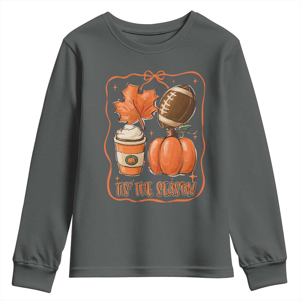 Tis The Season Fall Thanksgiving Youth Sweatshirt Retro Coquette Bow American Football Pumpkin TS11 Dark Heather Print Your Wear