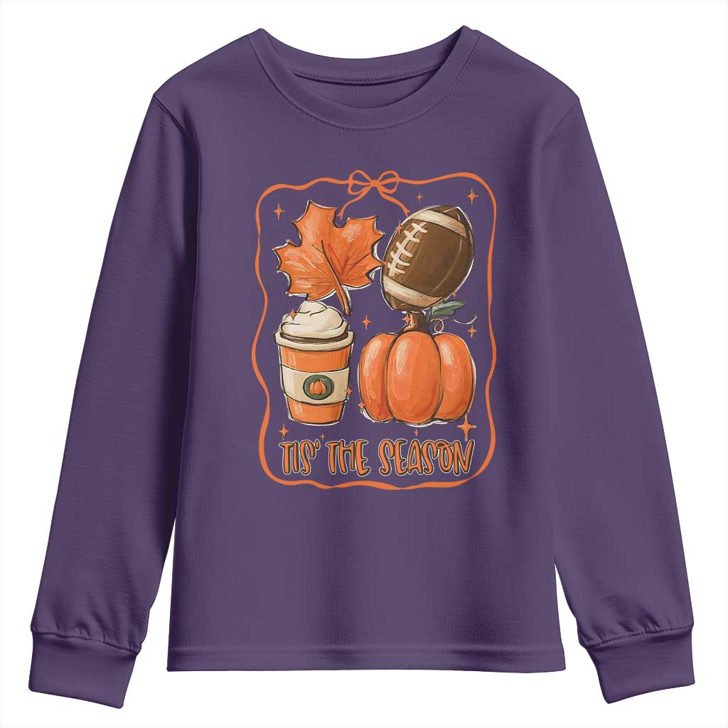 Tis The Season Fall Thanksgiving Youth Sweatshirt Retro Coquette Bow American Football Pumpkin TS11 Purple Print Your Wear