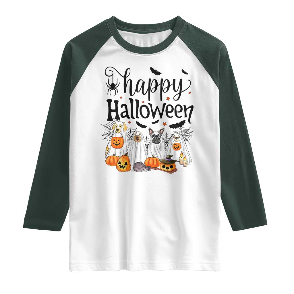 Happy Halloween Dog Ghost Spooky Season Raglan Shirt TS11 White Dark Forest Green Print Your Wear