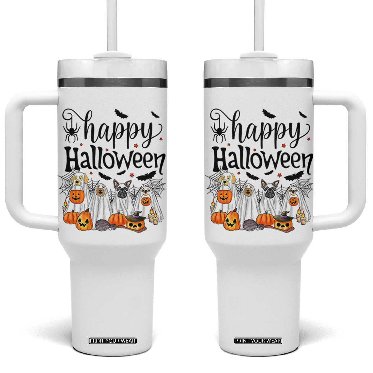 Happy Halloween Dog Ghost Spooky Season Tumbler With Handle TS11 One Size: 40 oz White Print Your Wear