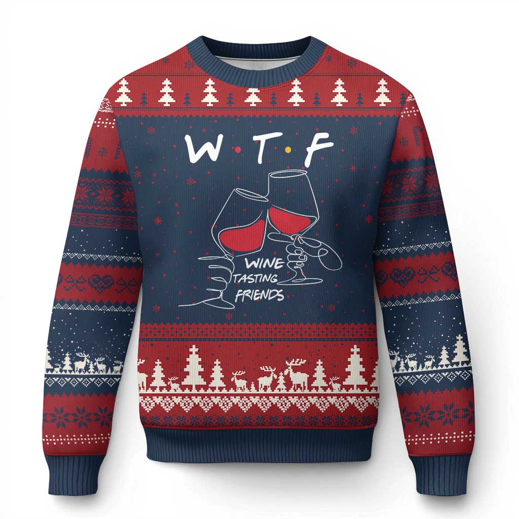 Funny Thanksgiving Friendsgiving Ugly Christmas Sweater WTF Wine Tasting Friends TS11 Navy Red Print Your Wear