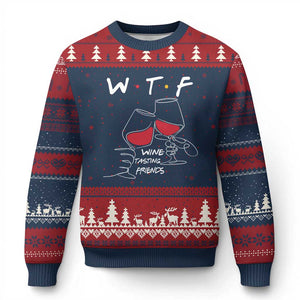 Funny Thanksgiving Friendsgiving Ugly Christmas Sweater WTF Wine Tasting Friends TS11 Navy Red Print Your Wear