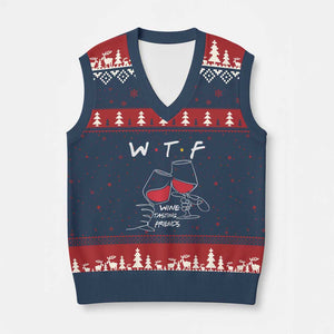 Funny Thanksgiving Friendsgiving V-Neck Knit Sweater Vest WTF Wine Tasting Friends - Print Your Wear