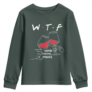 Funny Thanksgiving Friendsgiving Youth Sweatshirt WTF Wine Tasting Friends TS11 Dark Forest Green Print Your Wear
