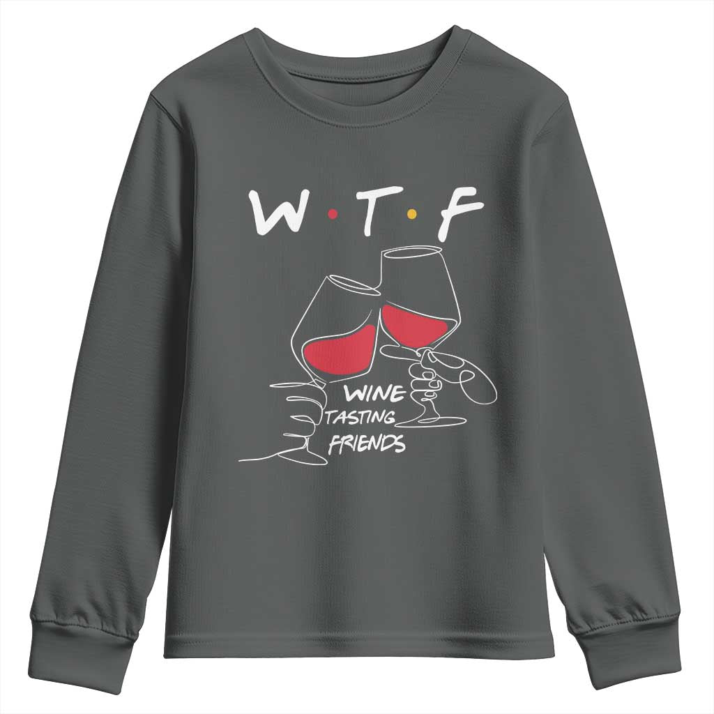 Funny Thanksgiving Friendsgiving Youth Sweatshirt WTF Wine Tasting Friends TS11 Dark Heather Print Your Wear