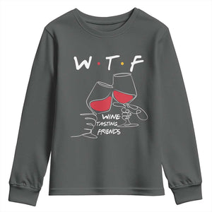 Funny Thanksgiving Friendsgiving Youth Sweatshirt WTF Wine Tasting Friends TS11 Dark Heather Print Your Wear