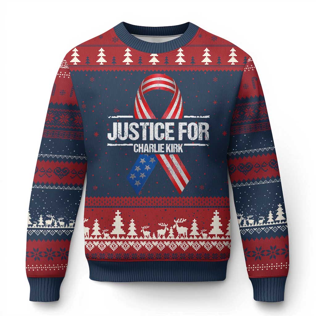 Justice For Charlie Kirk Ugly Christmas Sweater Patriotic Tribute Human Rights Activist TS11 Navy Red Print Your Wear