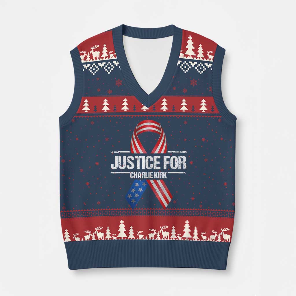 Justice For Charlie Kirk V-Neck Knit Sweater Vest Patriotic Tribute Human Rights Activist TS11 Navy Red Print Your Wear