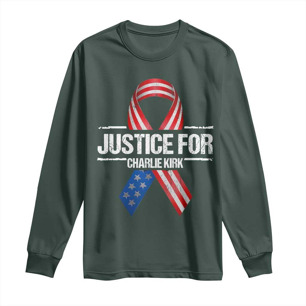 Justice For Charlie Kirk Long Sleeve Shirt Patriotic Tribute Human Rights Activist TS11 Dark Forest Green Print Your Wear