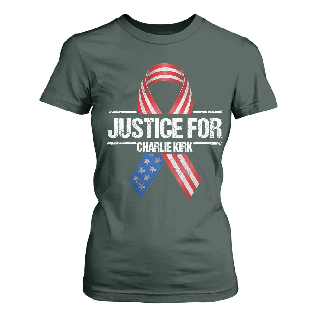 Justice For Charlie Kirk T Shirt For Women Patriotic Tribute Human Rights Activist TS11 Dark Forest Green Print Your Wear