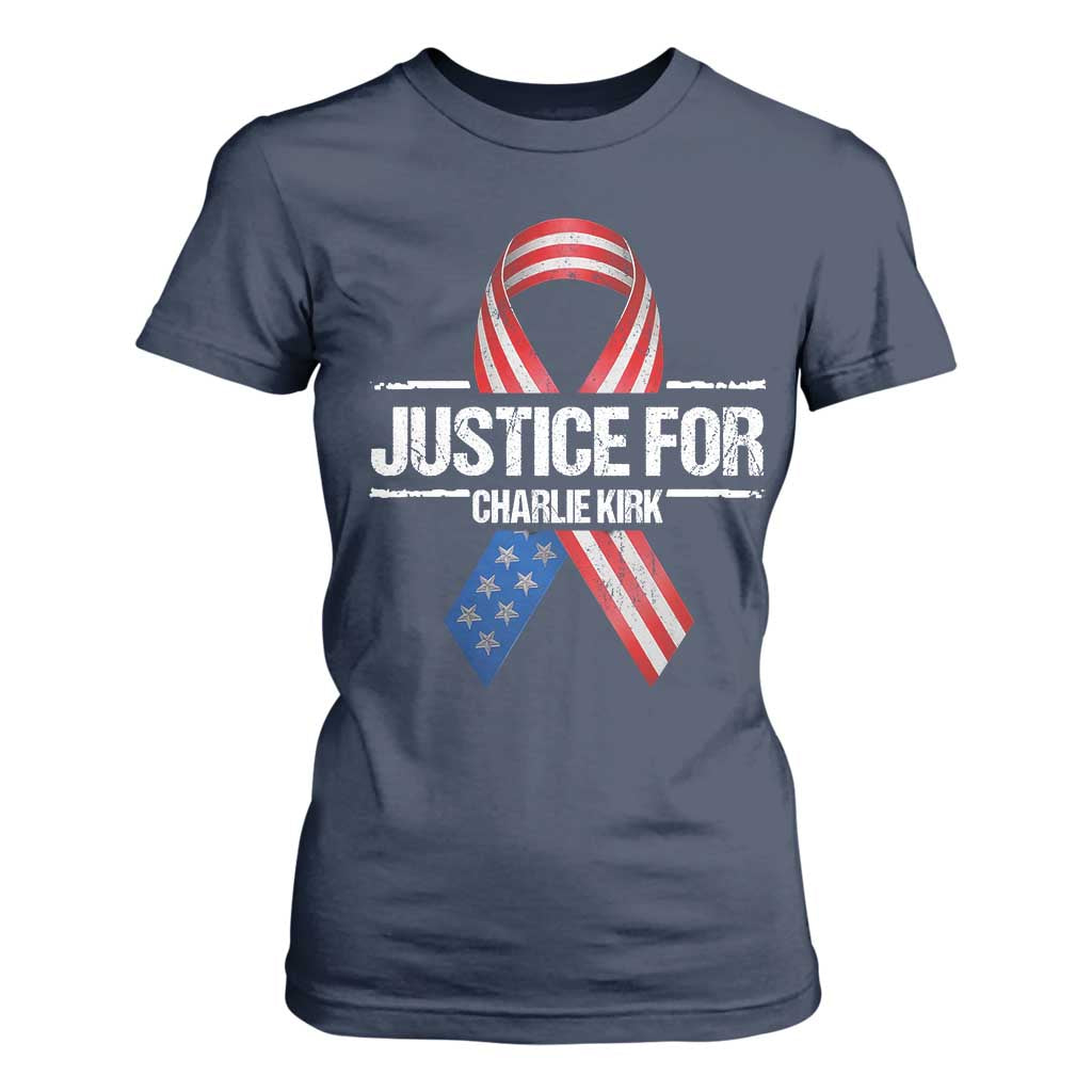 Justice For Charlie Kirk T Shirt For Women Patriotic Tribute Human Rights Activist TS11 Navy Print Your Wear